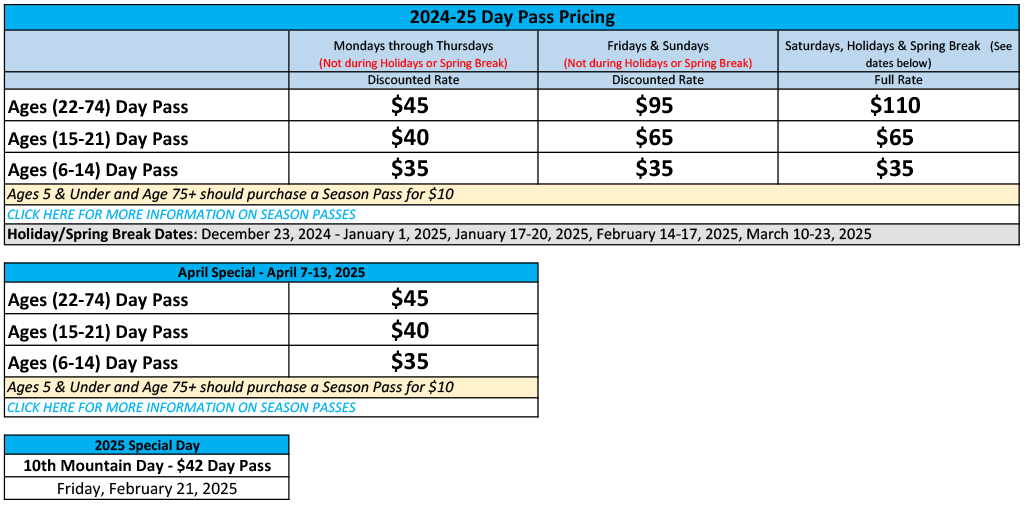 day pass prices